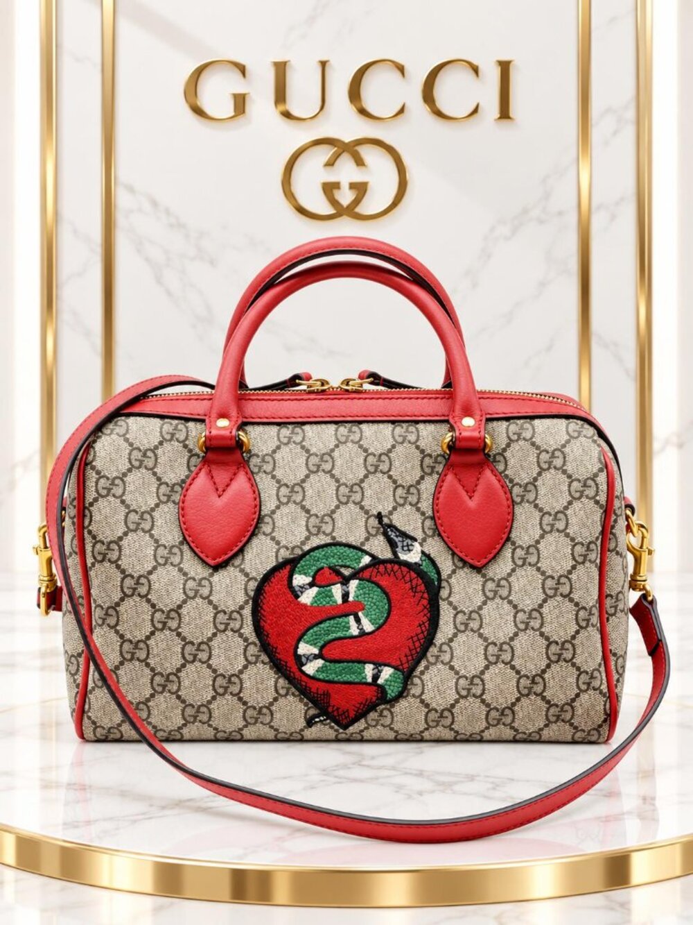 Authentic Gucci GG Supreme Tian Heart Snake Boston Bag Red Leather Crossbody